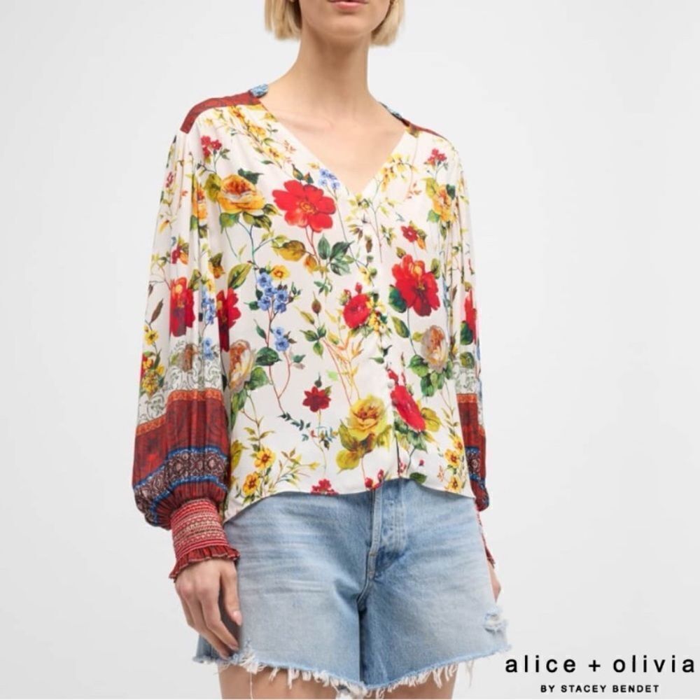 Alice + Olivia Serena Dew White Red Blouse Floral Button Front Size M - Picture 5 of 12